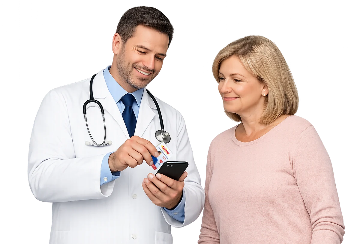 A doctor showing a patient education content on a phone screen after tapping a printed booklet