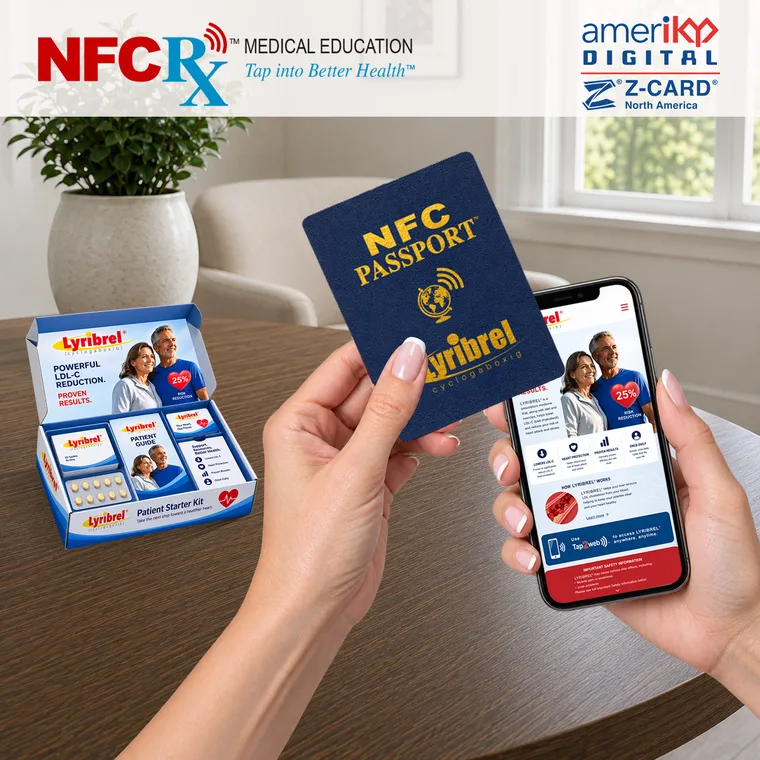 A hand holding the NFC Passport booklet beside a phone showing the Lyribrel education screen it opens