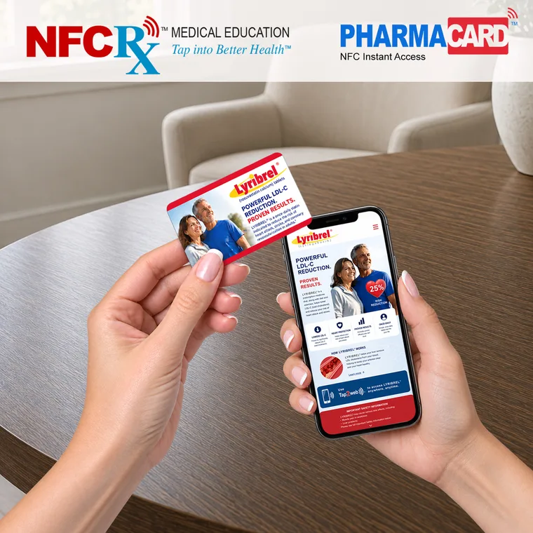 A hand holding the Pharma Card beside a phone showing the dosing and safety screen it opens